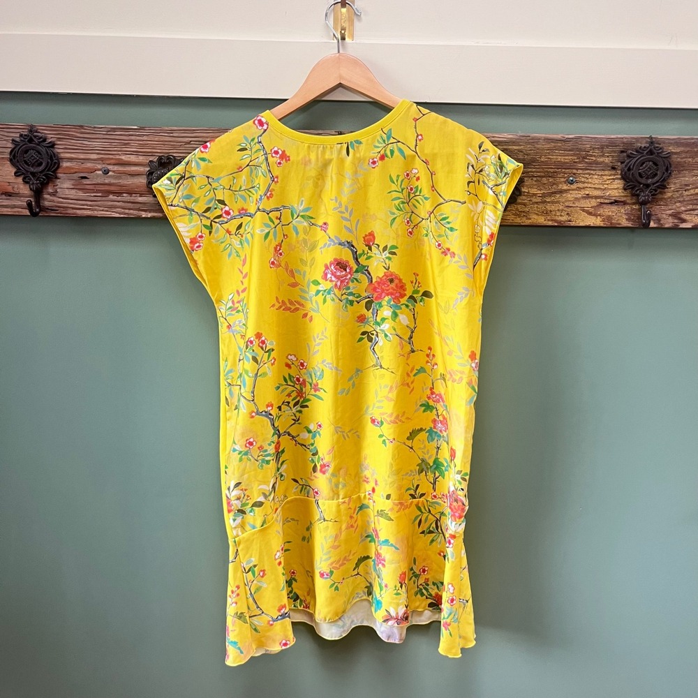 Zara Basic Yellow Floral Bird Print Shift Dress Ruffle Hem Womens Medium
